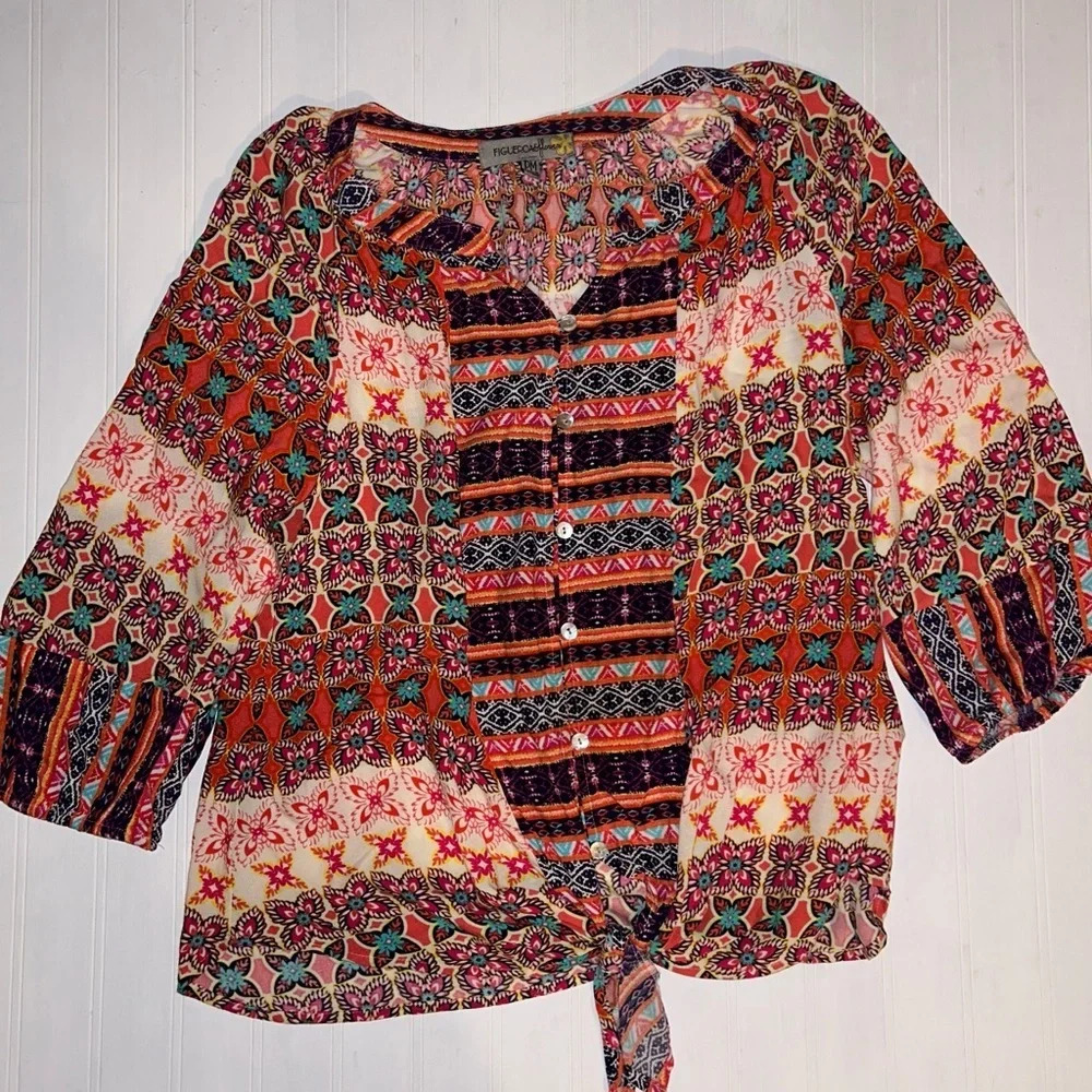 Figueroa & Flower Sz PETITES MEDIUM PM Tunic Blouse Split Neck Button Up